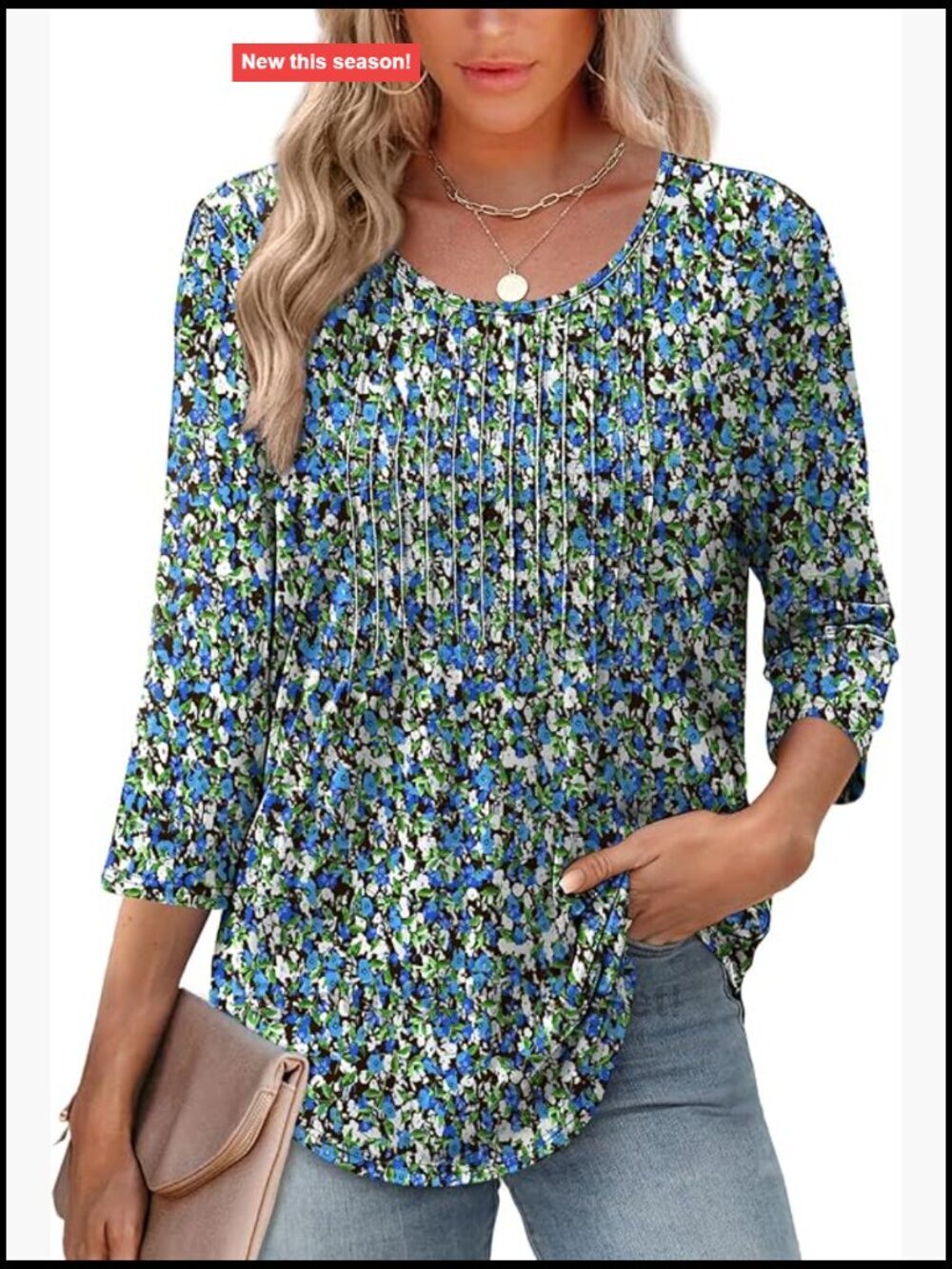 3/4 Length Sleeve Tunic Tops Crewneck Casual Pleated Blouses
